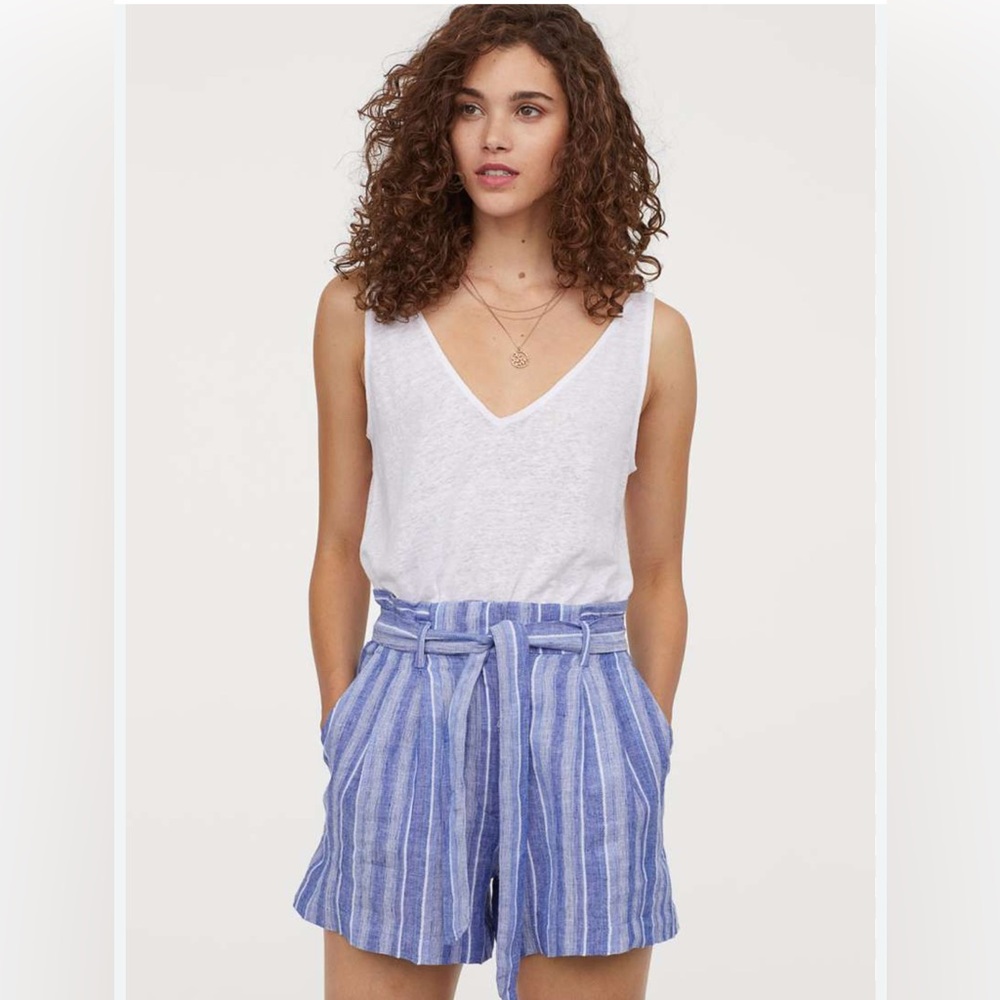 H&M Blue/White Linen Paper Bag Waist Belted Shorts Size 4